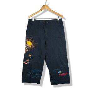 Chico's Embroidered Crop Pants Women Size 2 Black Sun Boat Coastal Art Boho